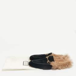 Pre Owned Gucci Black/Brown Velvet and Fur Lined Princetown Flat Mule Size 42.5