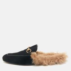 Gucci Black/Brown Velvet and Fur Lined Princetown Flat Mule Size 42.5
