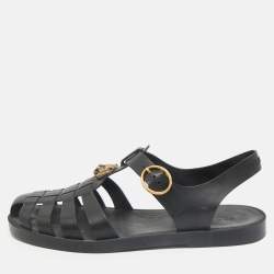 Gucci Black Rubber Double G Lion Head Strap Flat Sandals Size 43