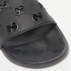 Gucci Black Rubber GG Laser Cut Pool Slide Sandals Size 44