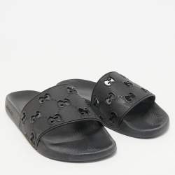 Gucci Black Rubber GG Laser Cut Pool Slide Sandals Size 44