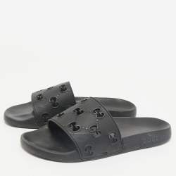 Gucci Black Rubber GG Laser Cut Pool Slide Sandals Size 44