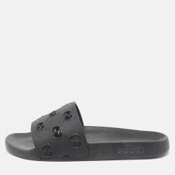 Gucci Black Rubber GG Laser Cut Pool Slide Sandals Size 44