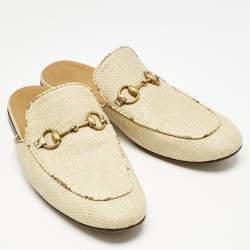 Gucci Beige Raffia and Snakeskin Leather Princetown Flat Mules Size 42.5