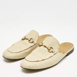 Gucci Beige Raffia and Snakeskin Leather Princetown Flat Mules Size 42.5