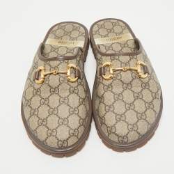 Gucci Beige/Brown GG Supreme Canvas and Leather Flat Mules Size 42.5