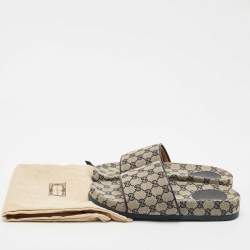 Pre Owned Gucci Navy Blue/Grey GG Canvas Flat Slide Sandals Size 43