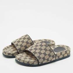 Pre Owned Gucci Navy Blue/Grey GG Canvas Flat Slide Sandals Size 43