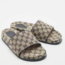 Pre Owned Gucci Navy Blue/Grey GG Canvas Flat Slide Sandals Size 43