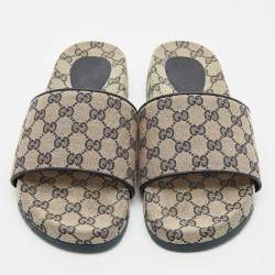 Pre Owned Gucci Navy Blue/Grey GG Canvas Flat Slide Sandals Size 43