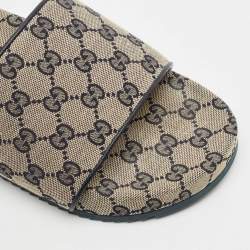 Pre Owned Gucci Navy Blue/Grey GG Canvas Flat Slide Sandals Size 43