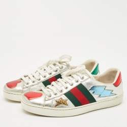 Gucci Silver Leather and Python Embossed Leather Ace Lace Up Sneakers Size 39.5