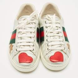 Gucci Silver Leather and Python Embossed Leather Ace Lace Up Sneakers Size 39.5