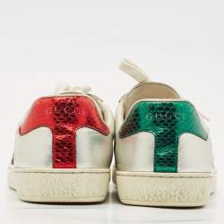 Gucci Silver Leather and Python Embossed Leather Ace Lace Up Sneakers Size 39.5