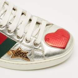 Gucci Silver Leather and Python Embossed Leather Ace Lace Up Sneakers Size 39.5