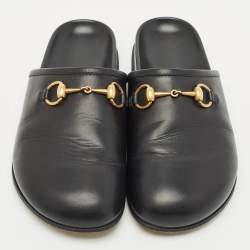 Gucci Black Leather Horsebit Princetown Flat Mules Size 39.5