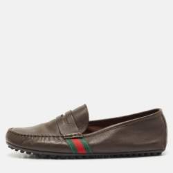 Gucci Dark Brown Leather Web Detail Slip On Loafers Size 42.5