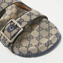 Pre Owned Gucci Beige/Navy Blue GG Canvas Double Strap Slide Sandals Size 42