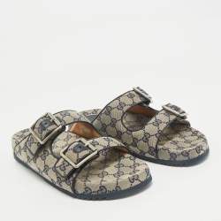 Pre Owned Gucci Beige/Navy Blue GG Canvas Double Strap Slide Sandals Size 42