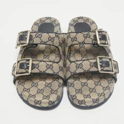 Pre Owned Gucci Beige/Navy Blue GG Canvas Double Strap Slide Sandals Size 42