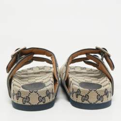Pre Owned Gucci Beige/Navy Blue GG Canvas Double Strap Slide Sandals Size 42