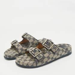 Pre Owned Gucci Beige/Navy Blue GG Canvas Double Strap Slide Sandals Size 42