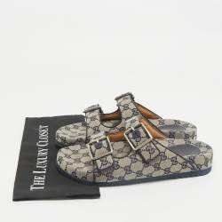Pre Owned Gucci Beige/Navy Blue GG Canvas Double Strap Slide Sandals Size 42