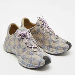 Pre Owned Gucci Beige/Blue GG Printed Leather Run Sneakers Size 41.5