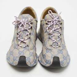 Pre Owned Gucci Beige/Blue GG Printed Leather Run Sneakers Size 41.5
