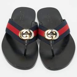 Pre Owned Gucci Black Leather Web Strap Interlocking G Thong Flats Size 41