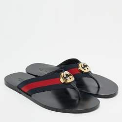 Pre Owned Gucci Black Leather Web Strap Interlocking G Thong Flats Size 41