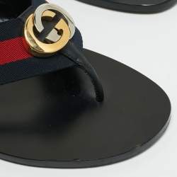Pre Owned Gucci Black Leather Web Strap Interlocking G Thong Flats Size 41