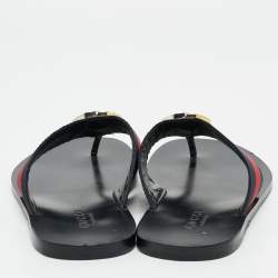Pre Owned Gucci Black Leather Web Strap Interlocking G Thong Flats Size 41