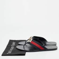 Pre Owned Gucci Black Leather Web Strap Interlocking G Thong Flats Size 41