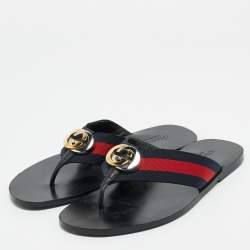 Pre Owned Gucci Black Leather Web Strap Interlocking G Thong Flats Size 41