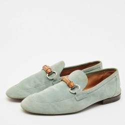Pre Owned Gucci Blue Suede Jordaan Slip On Loafers Size 40.5