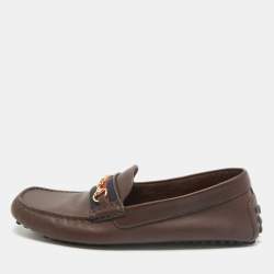 Gucci Dark Brown Leather GG Horsebit Web Detail Slip On Loafers Size 42