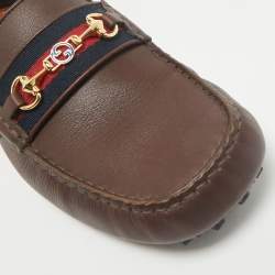 Pre Owned Gucci Dark Brown Leather GG Horsebit Web Detail Slip On Loafers Size 42