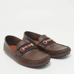 Pre Owned Gucci Dark Brown Leather GG Horsebit Web Detail Slip On Loafers Size 42