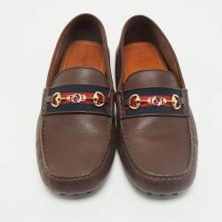 Pre Owned Gucci Dark Brown Leather GG Horsebit Web Detail Slip On Loafers Size 42