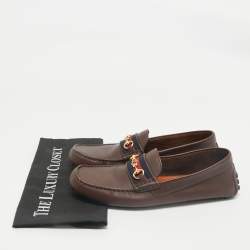 Pre Owned Gucci Dark Brown Leather GG Horsebit Web Detail Slip On Loafers Size 42