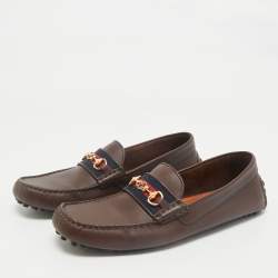 Pre Owned Gucci Dark Brown Leather GG Horsebit Web Detail Slip On Loafers Size 42