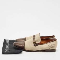 Pre Owned Gucci Beige/Brown Canvas and Leather GG Slip On Loafers Size 43