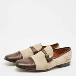 Pre Owned Gucci Beige/Brown Canvas and Leather GG Slip On Loafers Size 43