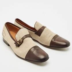 Pre Owned Gucci Beige/Brown Canvas and Leather GG Slip On Loafers Size 43