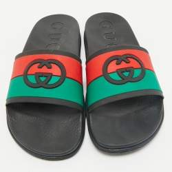 Gucci Multicolor Rubber Web Interlocking G Flat Pool Slides Size 42
