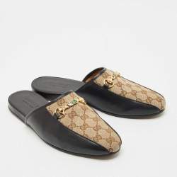 Pre Owned Gucci Black/Beige GG Supreme Canvas and Leather Princetown Mules Size 42.5