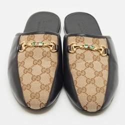 Pre Owned Gucci Black/Beige GG Supreme Canvas and Leather Princetown Mules Size 42.5