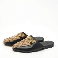 Pre Owned Gucci Black/Beige GG Supreme Canvas and Leather Princetown Mules Size 42.5