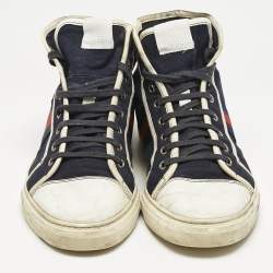 Gucci Navy Blue/White Canvas and Leather Web Detail High Top Sneakers Size 43